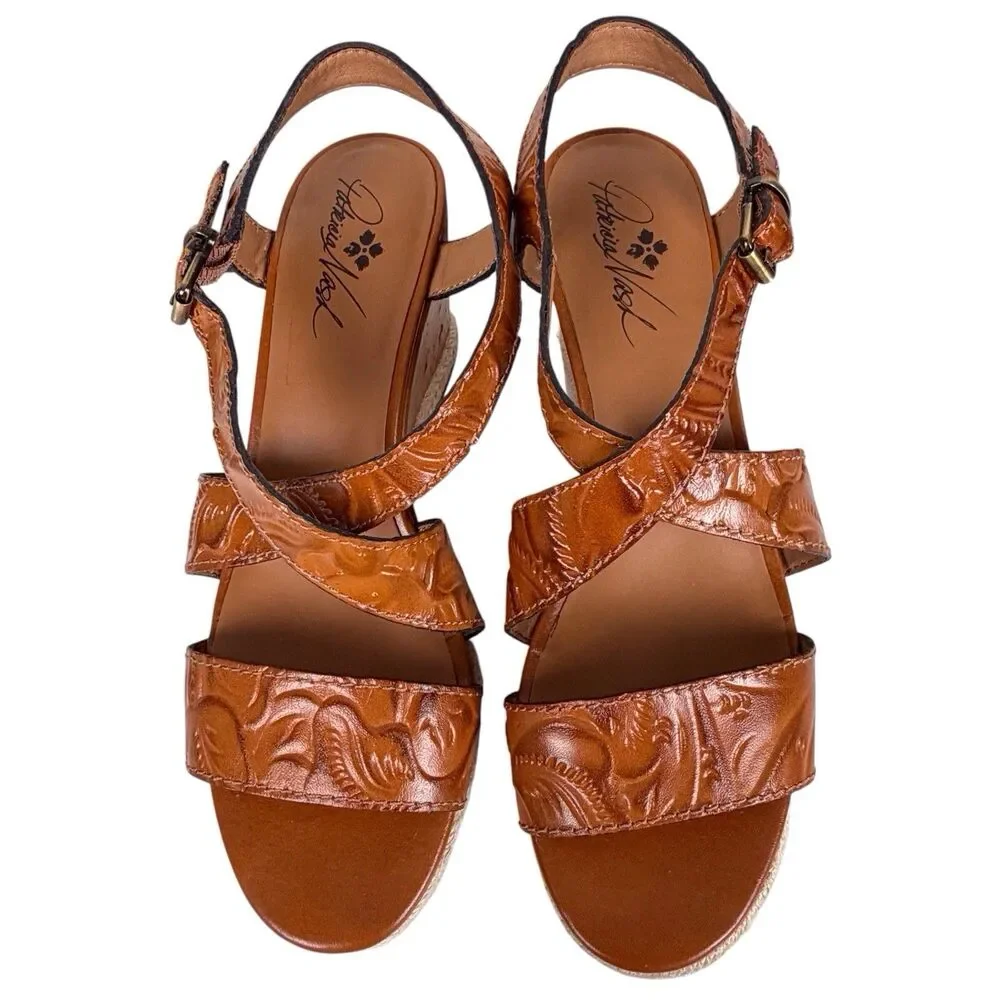 Patricia Nash Rafa Tooled Leather Espadrille Wedge Sandals Whiskey Size 10